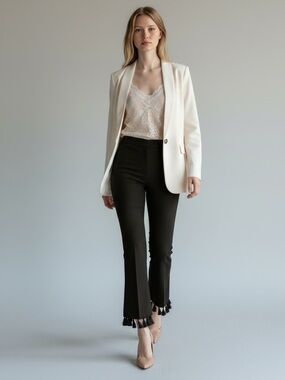 Topshop Black Kick Flare Trousers Cropped Pants Tassel Hem Size 4